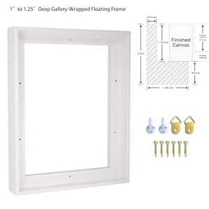 May include: A white floating frame for gallery-wrapped canvas, labeled 1" to 1.25" Deep Gallery-Wrapped Floating Frame. Includes a technical diagram with imperial measurements, two white wall hooks, two gold D-ring hangers, and six screws.