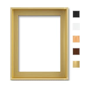 May include: A rectangular gold picture frame with a white interior. The frame has a brushed metal finish. To the right are small square samples in black, white, light wood, dark wood, and gold.