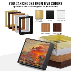 May include: A selection of picture frames in various colors, including gold, black, white, and brown. The image also shows a framed landscape painting. Text on the image reads "YOU CAN CHOOSE FROM FIVE COLORS" and "A perfect fit and a stunning look for your artwork."