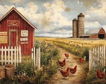 Rustic Farmhouse Landscape Wall Art  Pastoral Countryside Art Print