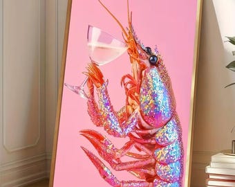 Pink Lobster Wall Art, Modern Pop Art Print, Whimsical Kitchen Decor