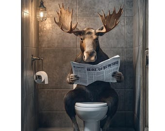 Funny Moose Bathroom Wall Art, Humorous Animal Toilet Print