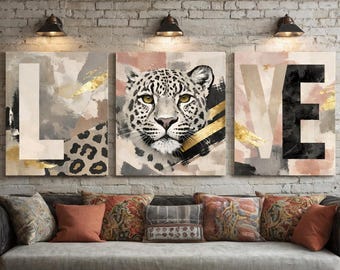 LOVE Leopard Wall Art Set of 3 Modern Abstract Animal Prints Living Room Decor