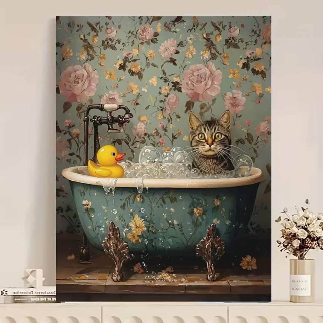 Funny Bathroom Wall Art, Vintage Cat Print, Whimsical Animal Art - Etsy
