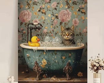 Funny Bathroom Wall Art, Vintage Cat Print, Whimsical Animal Art