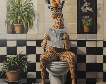 Funny Bathroom Wall Art – Giraffe Reading Newspaper on Toilet, Whimsical Animal Art Print