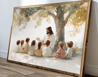 European Religious The Godfather & Children Christian Wall Art Jesus with Children Canvas Print