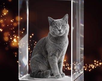 3D Pet Personalized Cat Crystal Keepsake Laser Engraved Pet Portrait, Memorial Gift