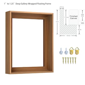 May include: A deep gallery-wrapped floating frame made of light brown wood. The frame is 1 to 1.25 inches deep. The image also shows a diagram with measurements in inches, along with hanging hardware and screws.