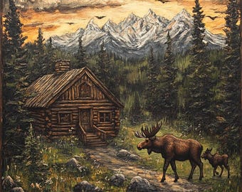 Rustic Mountain Cabin Wall Art, Moose Family Landscape Painting