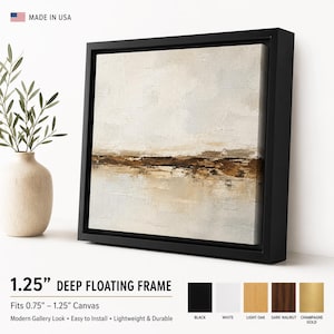 May include: A framed canvas art piece with a black 1.25-inch deep floating frame. The abstract painting features neutral tones of beige, brown, and white. The text "MADE IN USA" is visible in the upper left corner. The frame is designed to fit 0.75" - 1.25" canvas.
