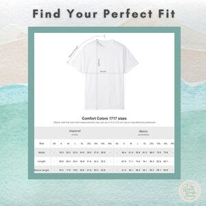 T-shirt size chart for Comfort Colors 1717 shirt showing measurements for width, length, and sleeve length to help find the perfect fit.