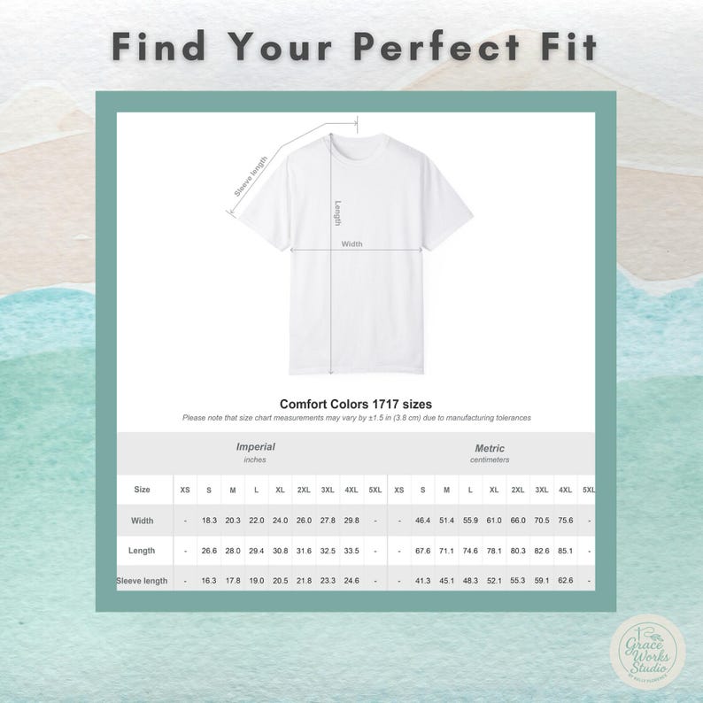 T-shirt size chart for Comfort Colors 1717 shirt showing measurements for width, length, and sleeve length to help find the perfect fit.