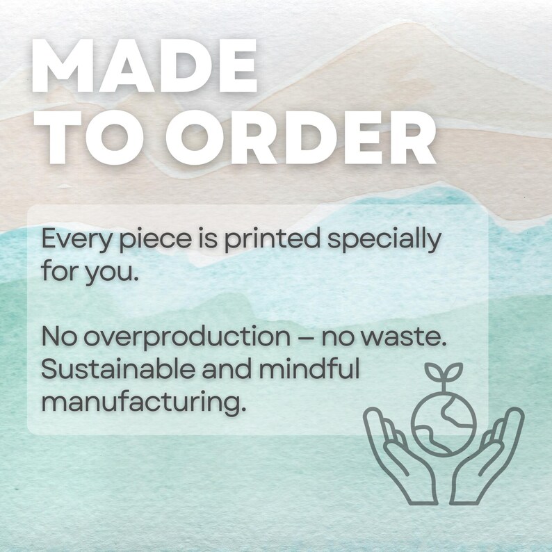Made-to-order Christian shirt graphic explaining each t-shirt is printed specially for each customer to reduce waste and support sustainable production.