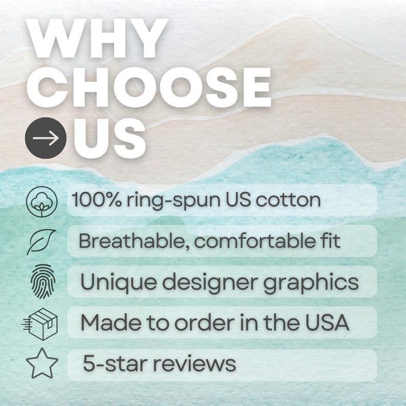 Why choose us graphic highlighting Christian shirt features including 100% ring-spun US cotton, breathable comfort, unique designer graphics, made-to-order in the USA, and 5-star reviews.