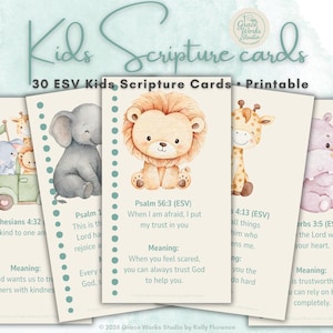 May include: A collection of 30 ESV Kids Scripture Cards with watercolor animal illustrations. The cards feature a lion, elephant, giraffe, and hippo, with Bible verses and meanings. The words "Kids Scripture Cards" are at the top.