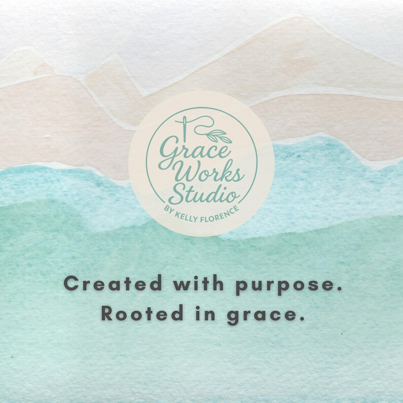 Grace Works Studio by Kelly Florence logo with the phrase “Created with purpose. Rooted in grace.” representing faith-inspired Christian apparel brand.