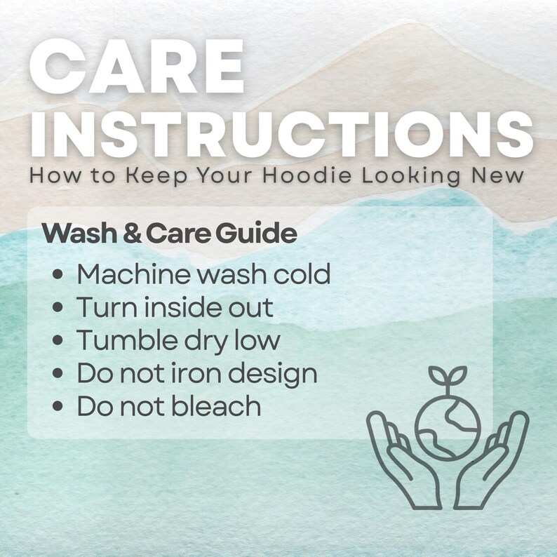 Care instructions graphic for Christian lemon shirt showing wash and care guide: machine wash cold, turn inside out, tumble dry low, do not iron design, do not bleach.