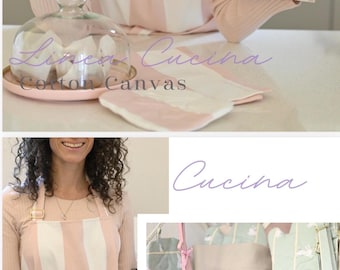 Küchenschürze gestreift rosa/weiß oder grün/beige Hasen