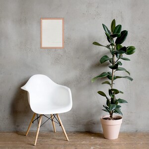 May include: A white modern chair with wooden legs and a black metal support sits in front of a gray wall. A framed print with a light wood frame hangs on the wall. A tall potted plant with dark green leaves is to the right.