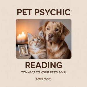 May include: An image with the text "PET PSYCHIC READING" and "CONNECT TO YOUR PET'S SOUL SAME HOUR". The image features a golden retriever dog and a ginger tabby cat, with a framed photo of a cat.