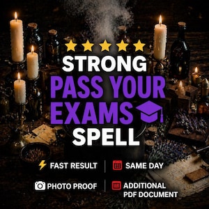 May include: A digital graphic featuring five yellow stars above the text STRONG PASS YOUR EXAMS SPELL with a graduation cap icon. Below are the phrases FAST RESULT, SAME DAY, PHOTO PROOF, and ADDITIONAL PDF DOCUMENT with corresponding icons.