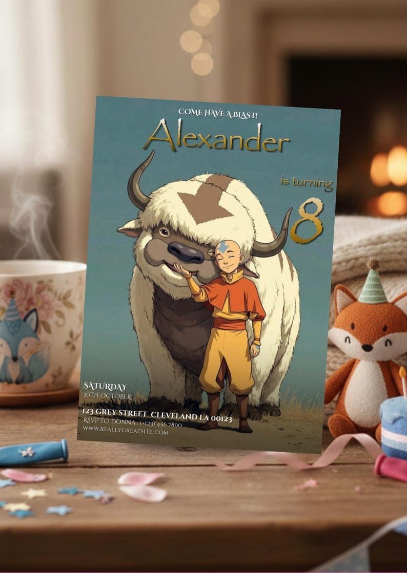 Editable Avatar Last Airbender Birthday Invitation | Aang & Appa ...