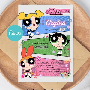 Puede incluir: Una plantilla de invitación de cumpleaños con los personajes de Las Supernenas. El diseño incluye el texto "Grylaa cumple 20 años", detalles del evento y el logotipo de Canva. La invitación está sobre un fondo blanco.