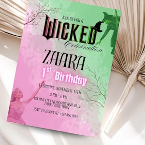 Convite para Festa de Aniversário Wicked, Convite para Festa Wicked, Ingresso de Cinema Inspirado em Wicked, Tema Elphaba e Glinda, Festa de Cinema, Editável no Canva