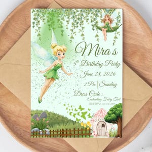 Tinker Bell Birthday Invitation | Green Floral Fairy Tale (Editable Canva Template, Printable)
