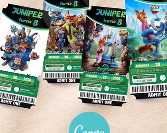 Invitación editable para cumpleaños de Zootopia 2, invitación imprimible, entrada de cine para cumpleaños, plantilla de Canva para Zootopia 2