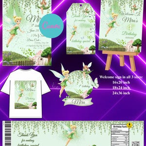 Paquete editable de cumpleaños de Campanilla / 6 en 1 / plantilla de invitación, cartel de bienvenida, etiqueta de agradecimiento, adorno para pastel, envoltorio para botella, diseño de camiseta