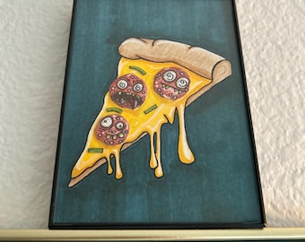 Arte de terror enmarcado - Cara de pizza - Ilustración con marcador 3D
