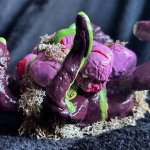 May include: A sculpted figure featuring a cluster of glossy dark purple organic shapes with bright green slime-like accents and red details. The sculpture is partially covered in textured, light-coloured dried moss, creating a complex, multi-layered appearance.