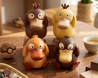 Handgjord träfigur av Psyduck, söt Psyduck, inspirerad skrivbordsskulptur, samlarobjekt i naturligt trä, Psyduck-skulptur present till Pokémon-fans