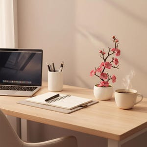May include: A home office desk setup with a laptop, notebook, pen, and a cup of coffee. A small potted plant with pink flowers adds a touch of nature. The scene is bathed in warm, natural light, creating a cozy and inviting workspace.