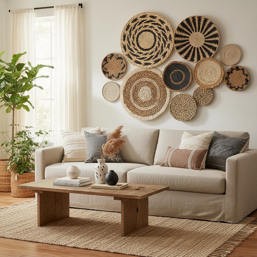 Curated visual reference: Visual Reference: Hanging Boho Wall Baskets 7 Piece Set Natural Woven Wall