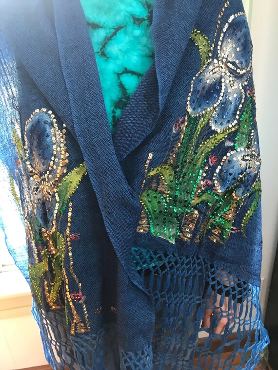 Blue Flowered Sequined Shawl - image 5