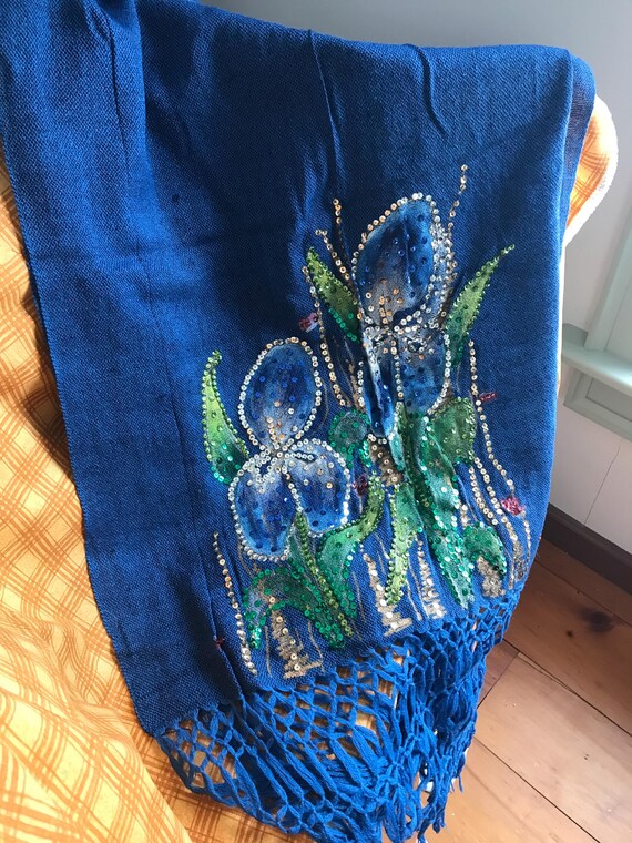 Blue Flowered Sequined Shawl - image 1