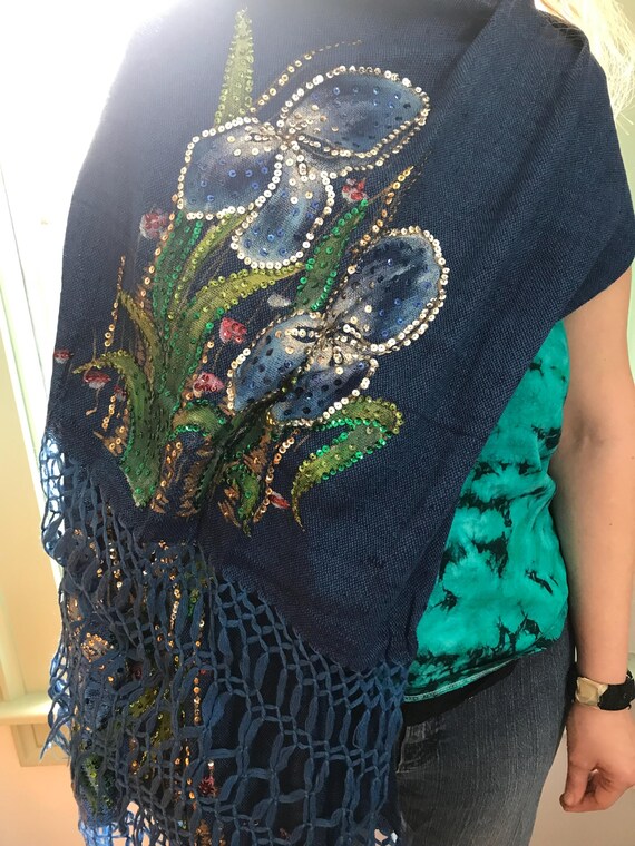 Blue Flowered Sequined Shawl - image 6