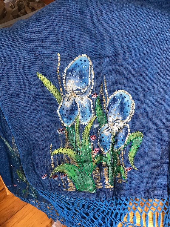 Blue Flowered Sequined Shawl - image 2