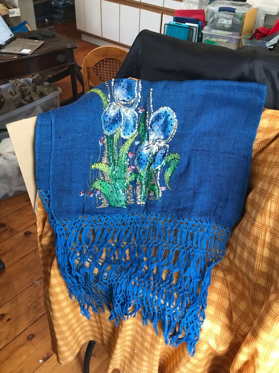 Blue Flowered Sequined Shawl - image 3