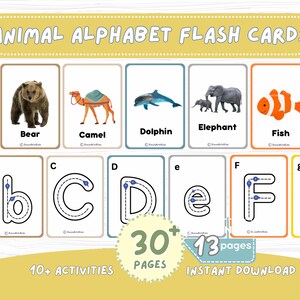 Tarjetas didácticas del alfabeto con animales para niños pequeños, educación en el hogar, preescolares y aprendizaje Montessori (descarga digital)
