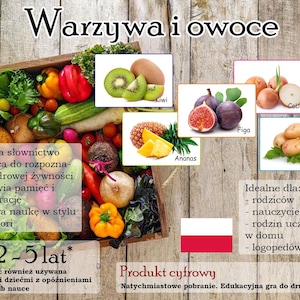 Puede incluir: Una caja de madera llena de varias frutas y verduras, incluyendo kiwi, higos, piña, cebollas y patatas. La imagen incluye texto en polaco, con el título "Warzywa i owoce" y otra información educativa.