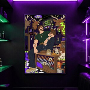 May include: A framed illustration depicts a man in a green shirt and dark pants, seated in a shop. The shop features knives, skulls, and deer heads. The text "TROPHY HUNTERS HUNTED" is visible. The room is illuminated with purple neon lights.