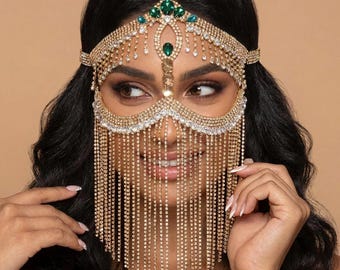 Cadena facial con diamantes de imitación, joyería facial nupcial, máscara de danza del vientre, velo facial de cristal, cadena facial para festivales, máscara facial llamativa, joyería facial de oro