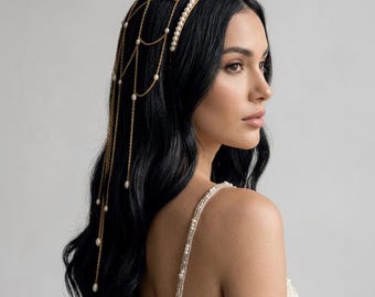 Pearl Bridal Headpiece, Wedding Hair Vine, Bridal Hair Jewelry, Pearl Headband, Boho Bridal Headpiece, Pearl Chain Headpiece