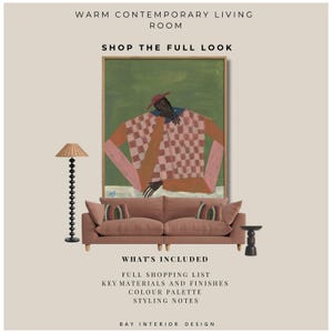 May include: A modern living room design with a large abstract artwork as the focal point. A dusky pink sofa with patterned cushions, a black floor lamp, and a small side table are featured. Text reads: "WARM CONTEMPORARY LIVING ROOM" and "SHOP THE FULL LOOK."