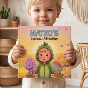 Peut inclure: Un enfant tient un livre pour enfants intitulé "MATEO'S Dinosaur Adventure". La couverture du livre présente une illustration de dessin animé d'un enfant dans un costume de dinosaure vert, avec deux dinosaures de dessin animé. L'arrière-plan est une scène de coucher de soleil avec des papillons.