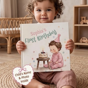 Gepersonaliseerd eerste verjaardagsboek | Verhaal op maat met de naam van de baby | Herinneringscadeau voor de eerste verjaardag van een meisje